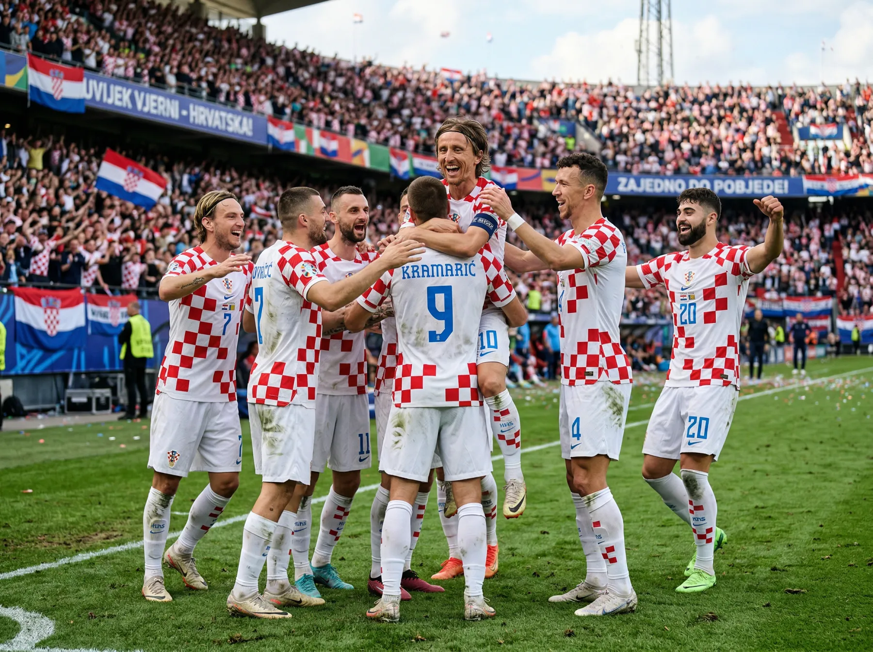 Hrvatski nogometni reprezentativci u crveno-bijelim dresovima slave pobjedu na terenu