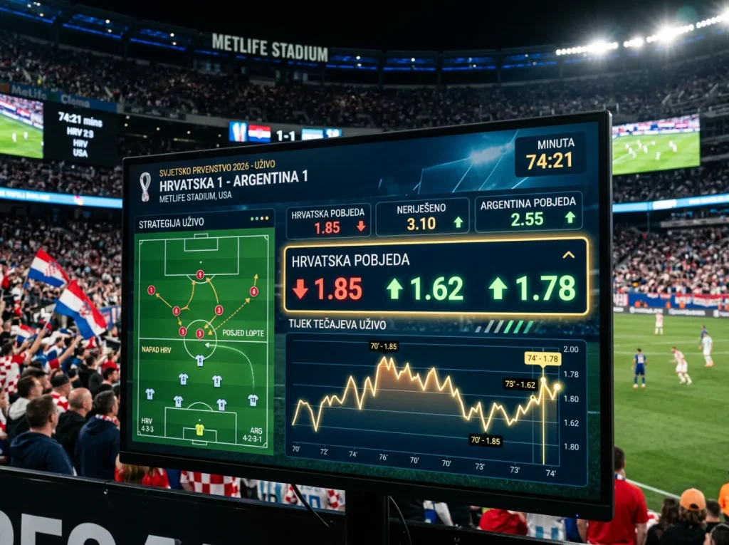 Prikaz live klađenja tijekom nogometne utakmice Svjetskog prvenstva s fluktuacijom kvota