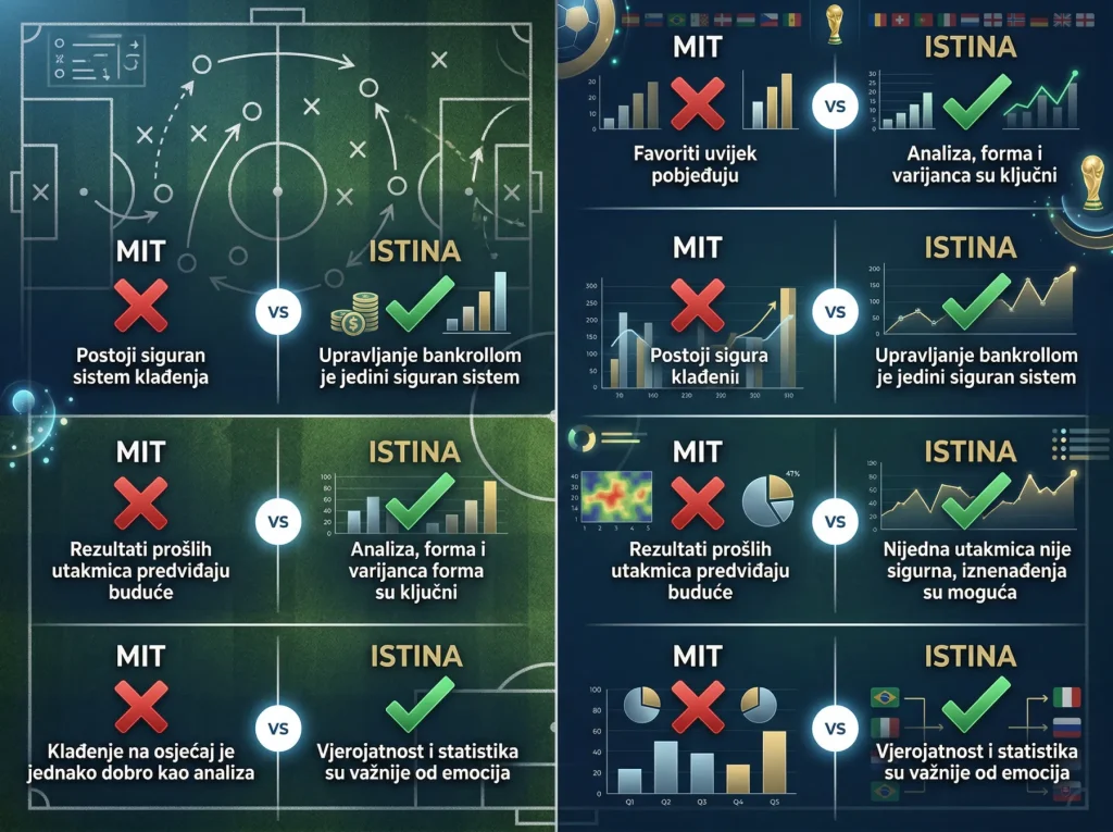 Ilustracija najpopularnijih mitova o klađenju na nogomet s činjeničnim opovrgavanjem