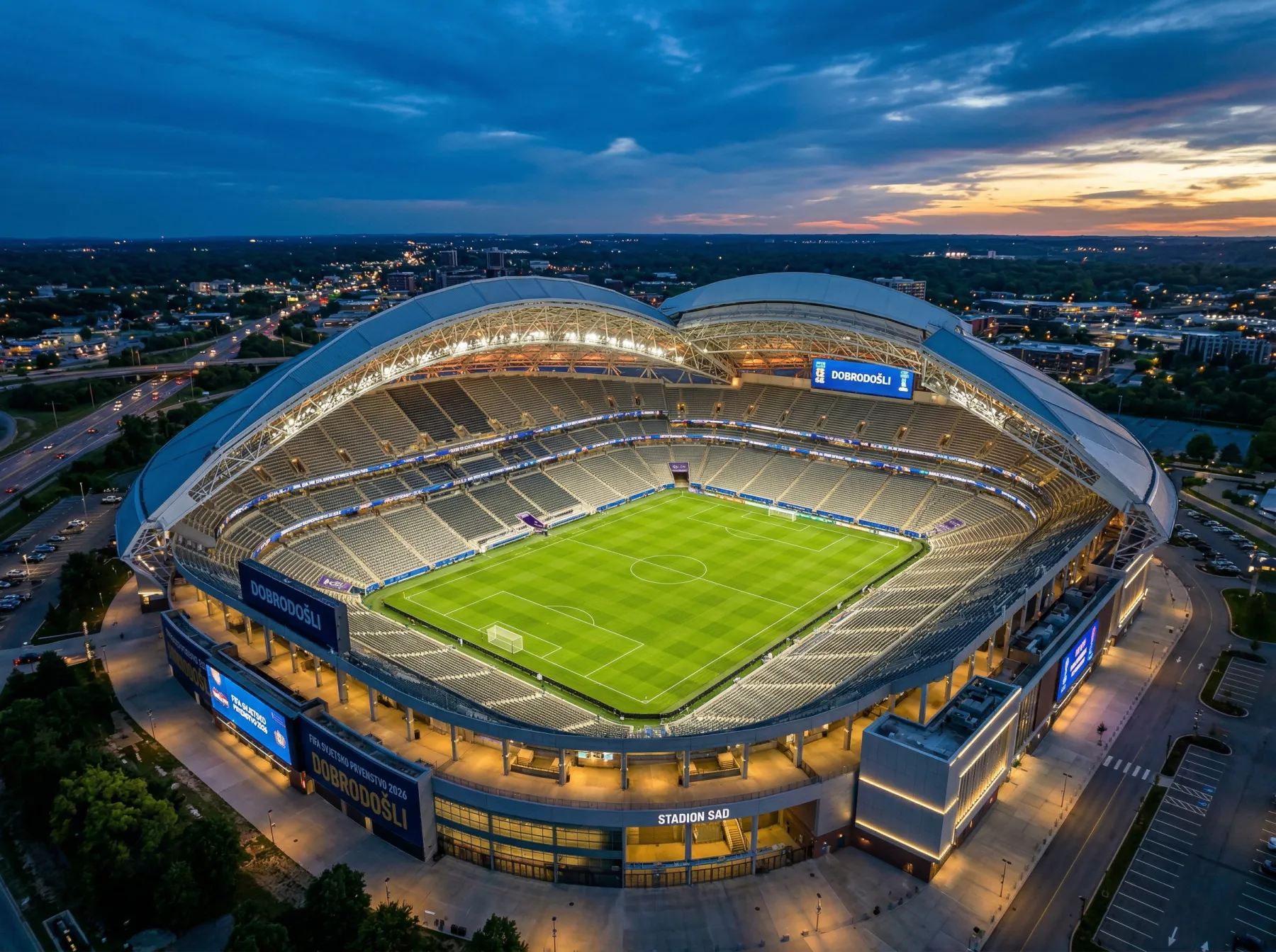 Moderni nogometni stadion s osvijetljenim travnjakom spreman za utakmicu Svjetskog prvenstva