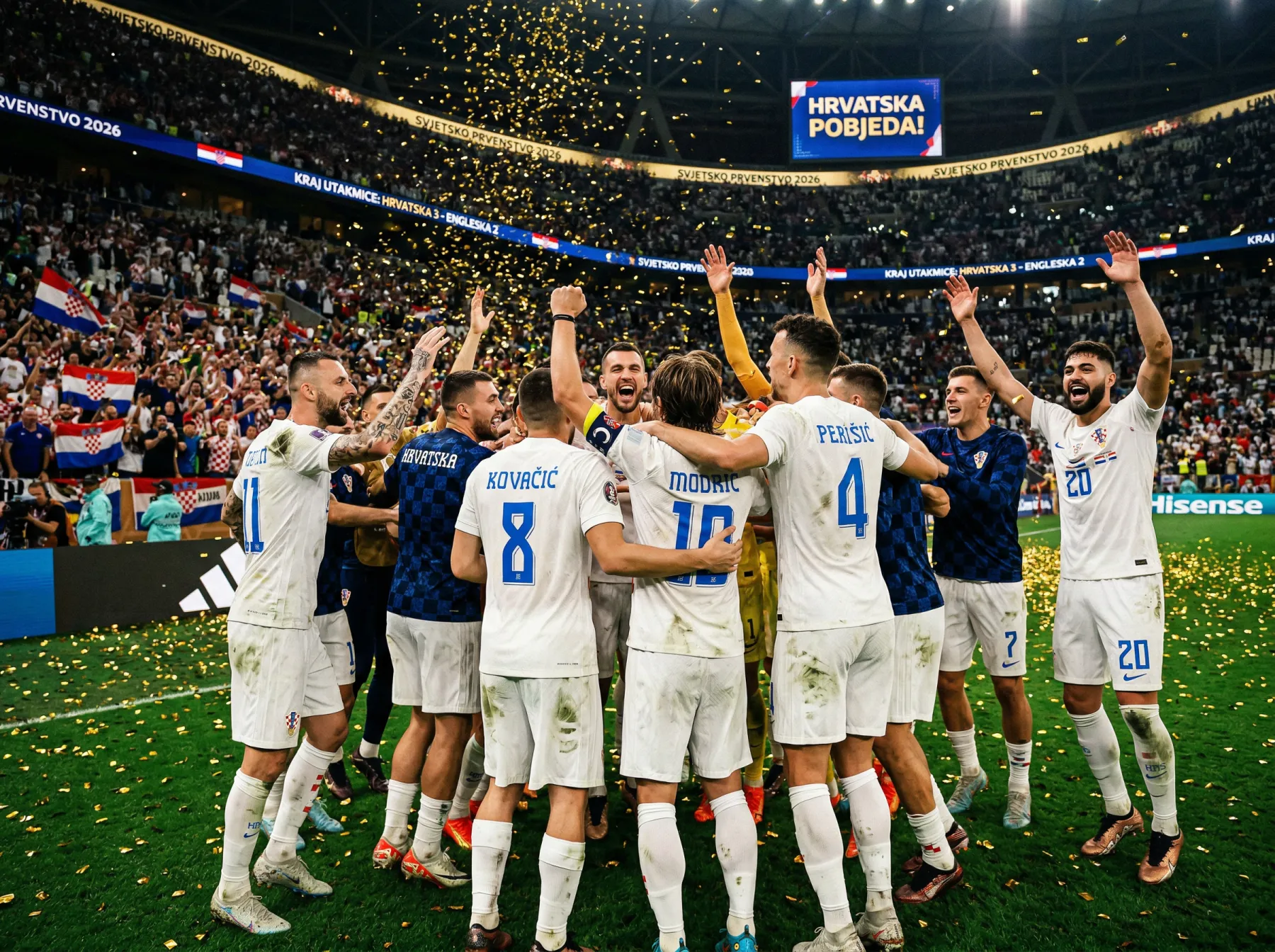 Nogometni igrači slave pobjedu na terenu nakon utakmice Svjetskog prvenstva