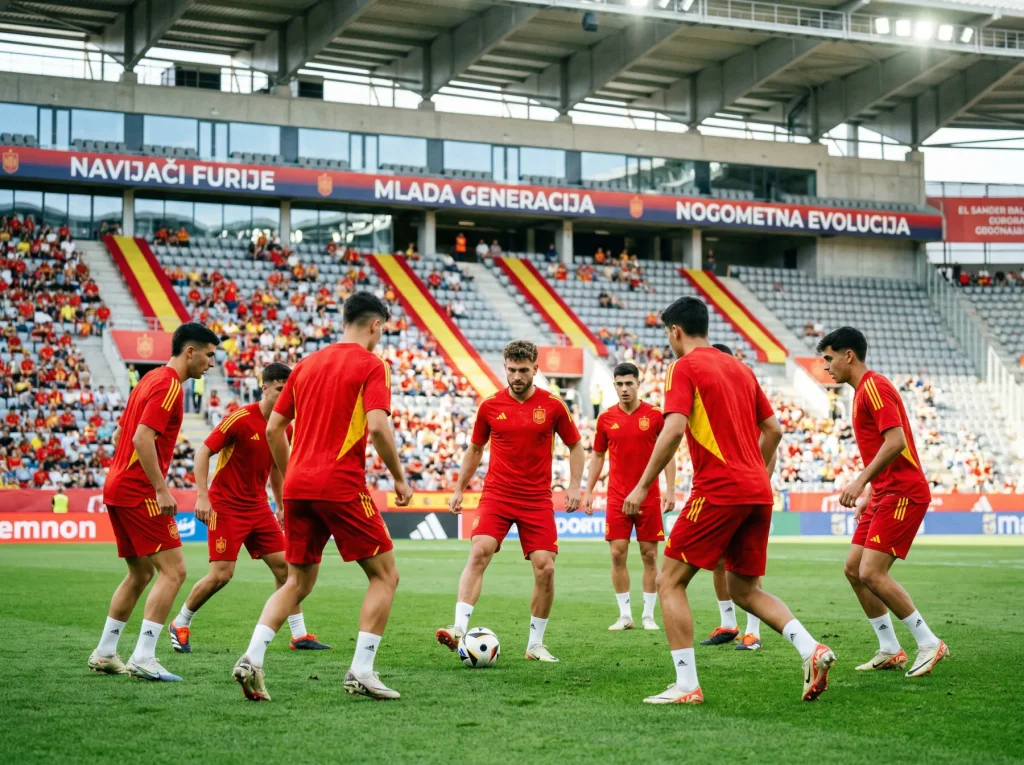 Španjolska nogometna reprezentacija u crvenim dresovima s mladom generacijom igrača na SP 2026