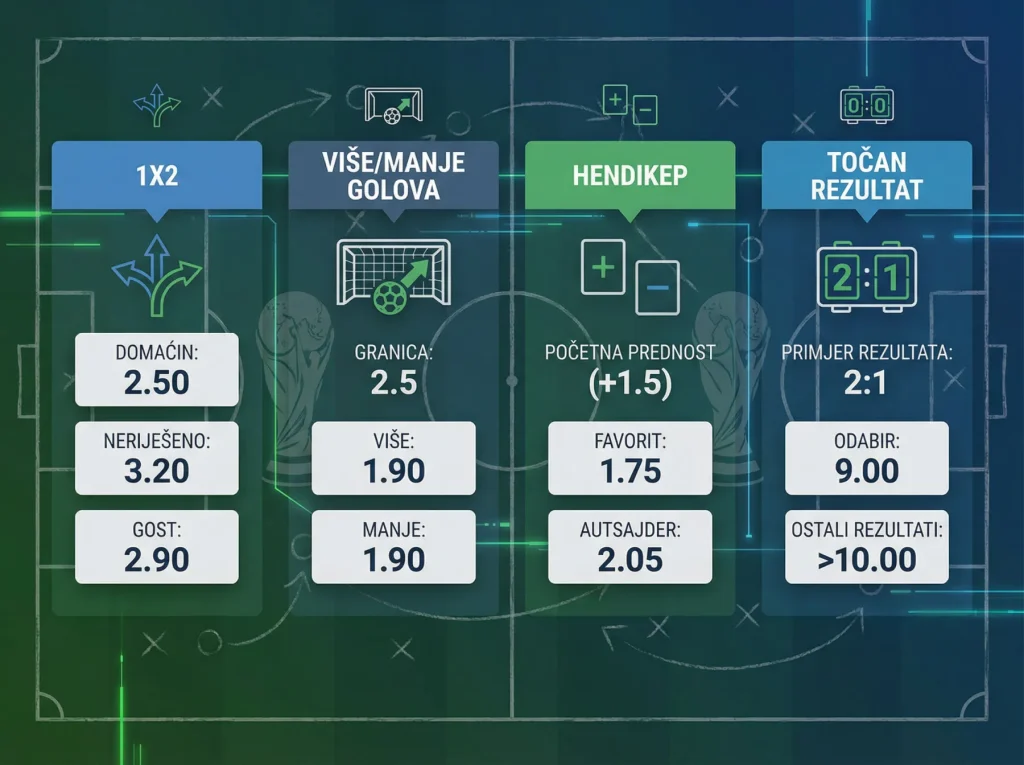Usporedba različitih vrsta oklada za Svjetsko prvenstvo 2026 s primjerima koeficijenata