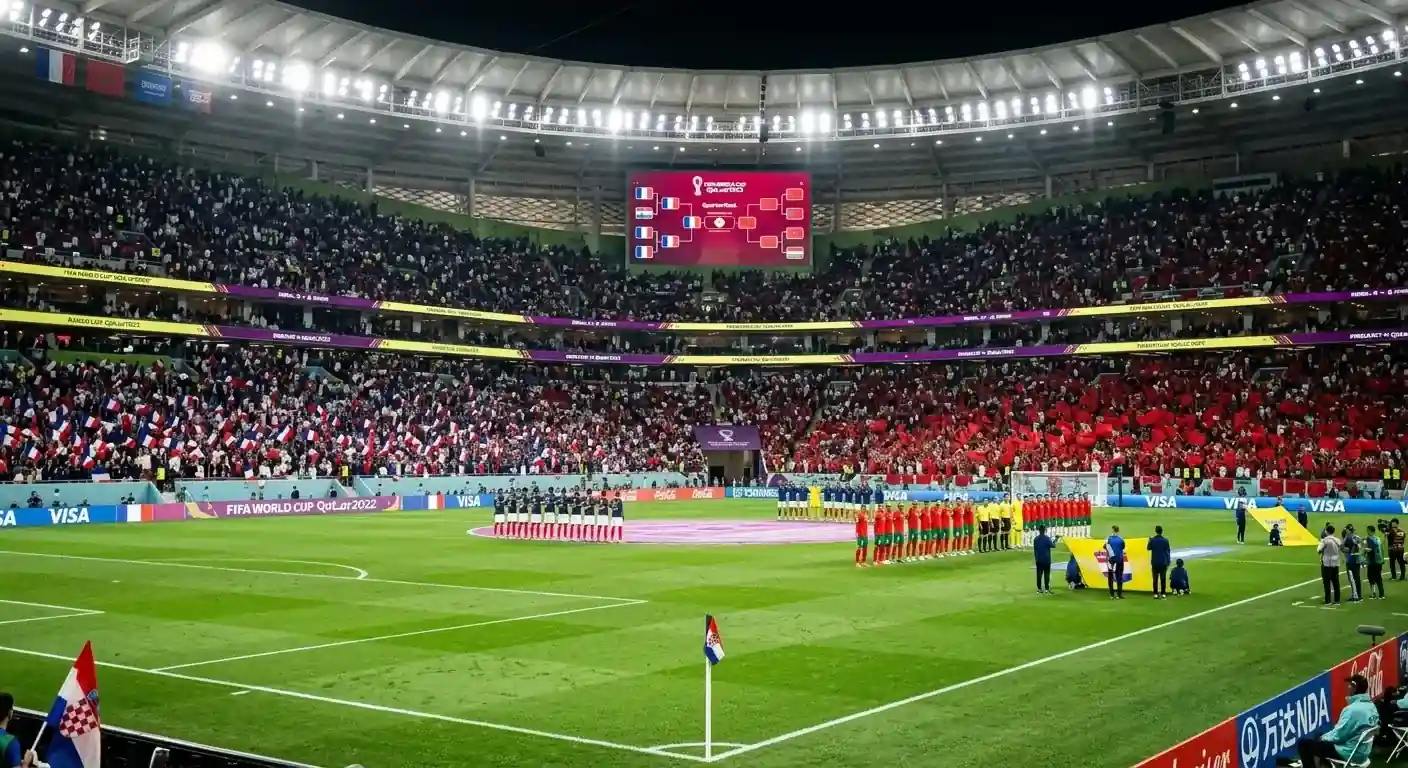 Stadion pod reflektorima s francuskim i marokanskim navijačima u suprotnim dijelovima tribine, polje u sredini