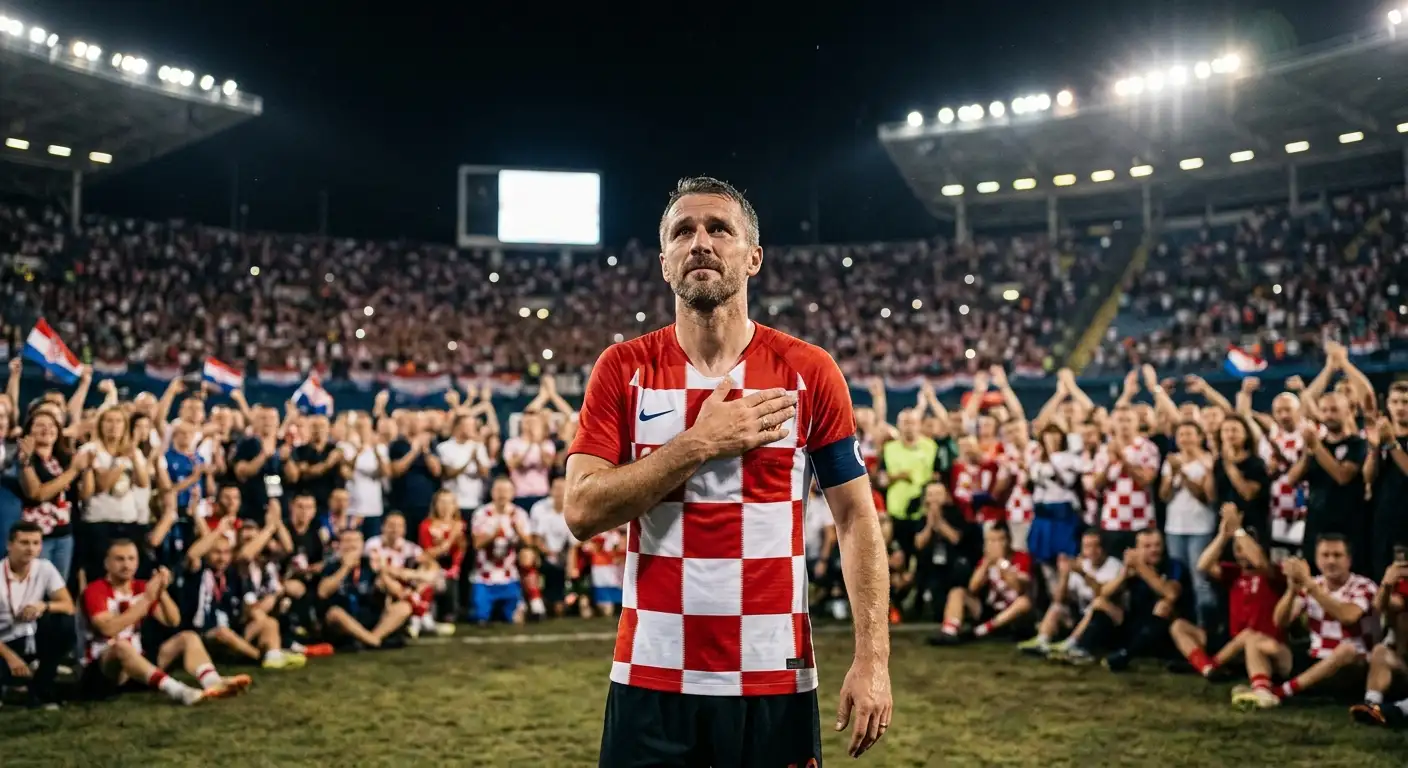 Iskusni nogometaš u reprezentativnom dresu pozdravlja publiku s rukom na srcu, emotivan trenutak na stadionu