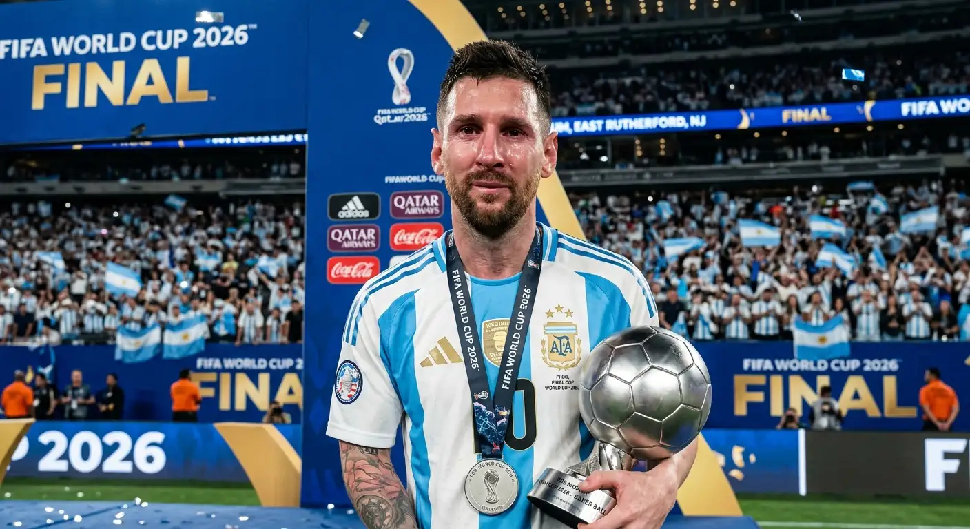 Lionel Messi s srebrnom loptom Svjetskog prvenstva 2026 nakon finala, suze na ceremoniji medalja
