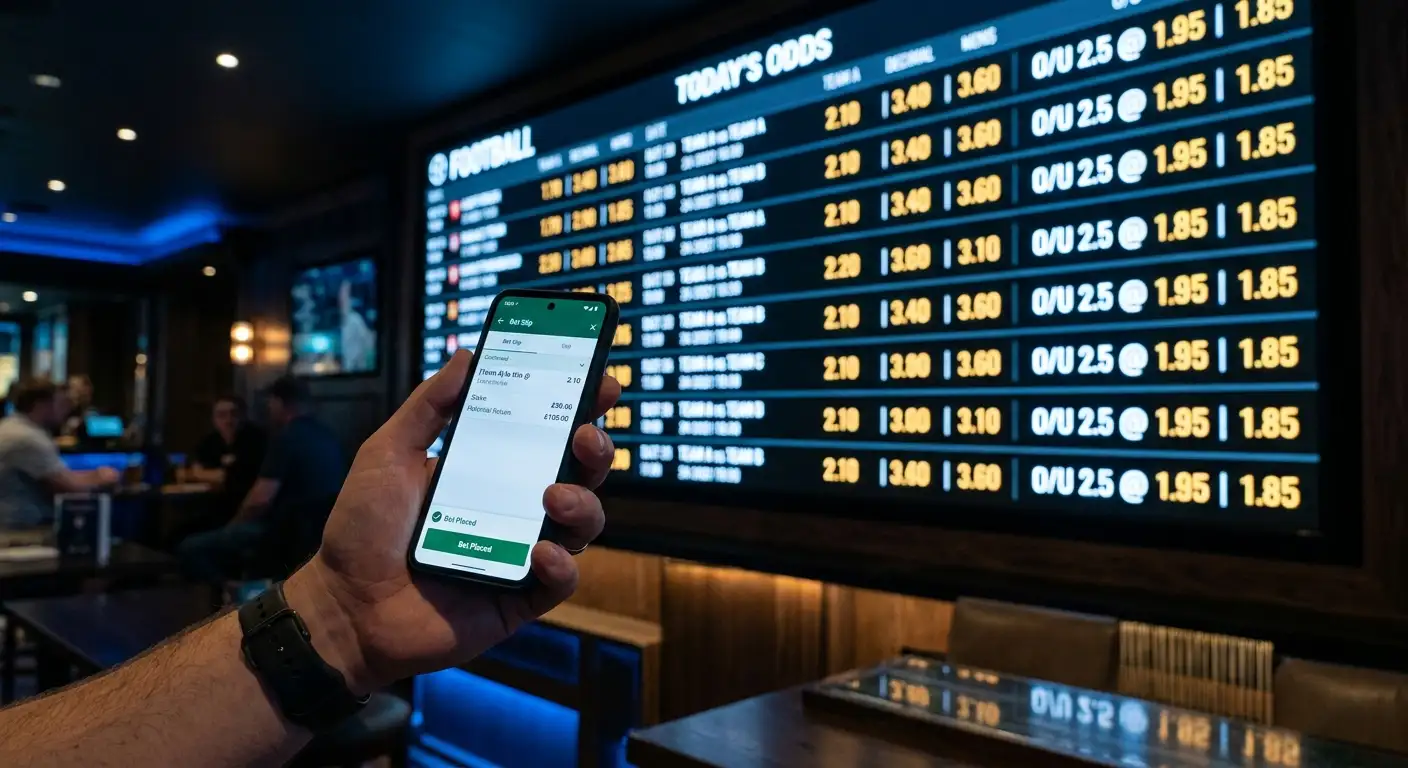 Digitalna ploča kladionice s kvotama za nogometne utakmice, u prvom planu ruka koja drži mobitel s listićem