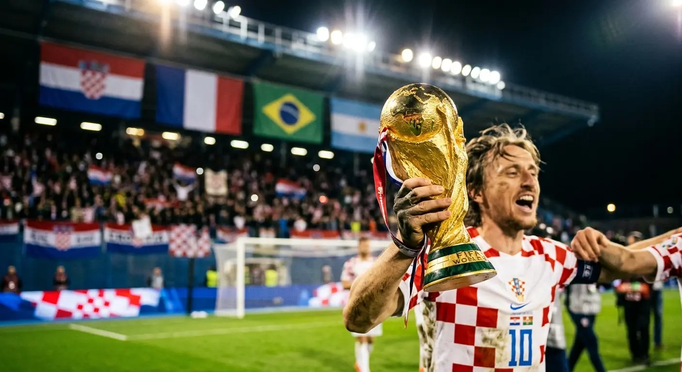 Trofej Svjetskog prvenstva pod reflektorima s četiri zastave u pozadini