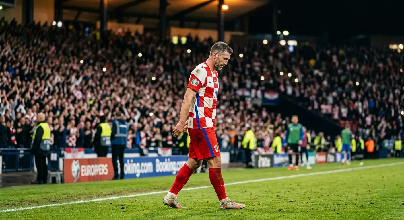 Hrvatski nogometni kapetan spuštene glave napušta travnjak dok mu pljeska publika na stadionu pod reflektorima
