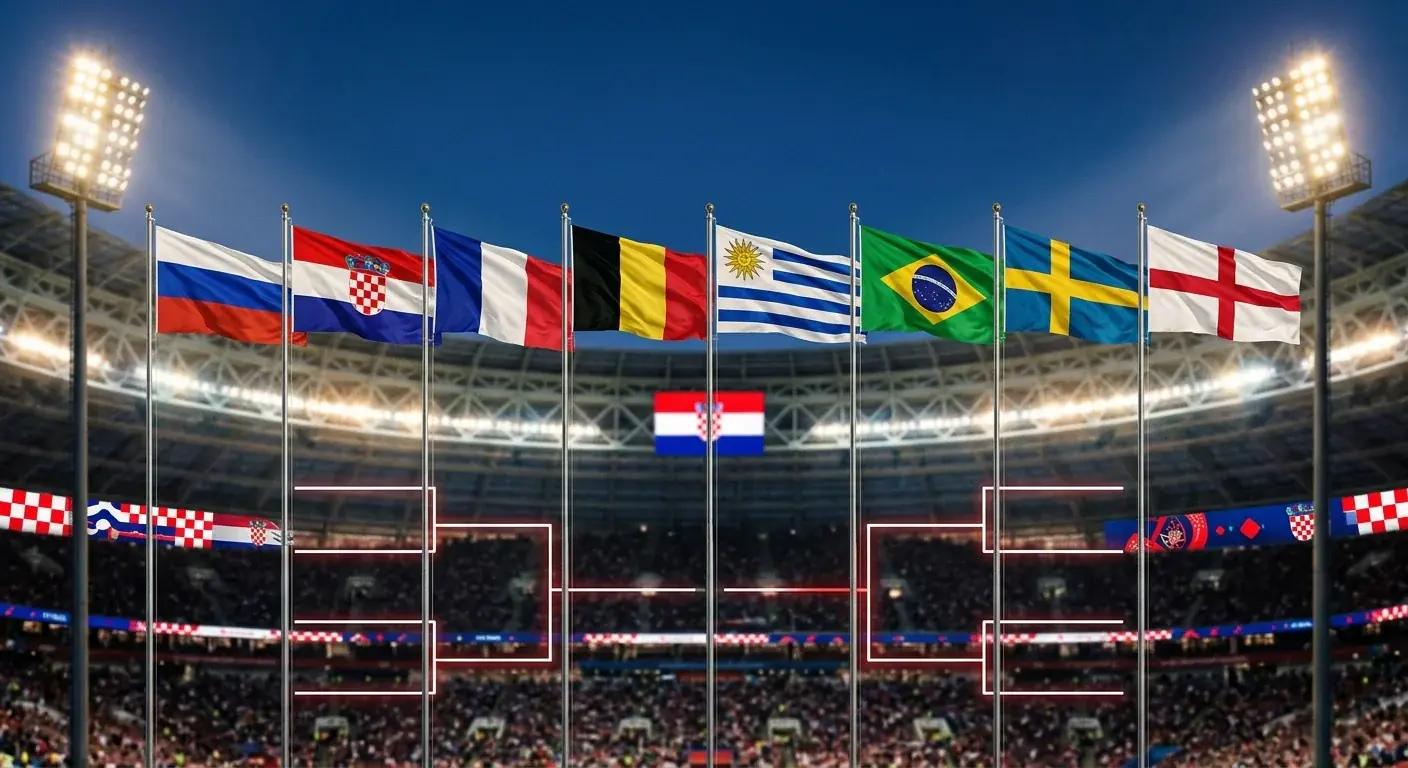 Zastave osam četvrtfinalista SP-a 2026. poredane ispred stadiona pod reflektorima