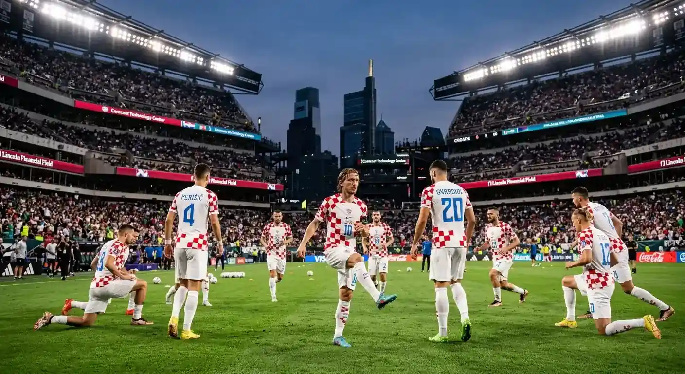 Luka Modrić predvodi hrvatsku reprezentaciju u zagrijavanju pod reflektorima stadiona u Philadelphiji prije odlučujuće utakmice