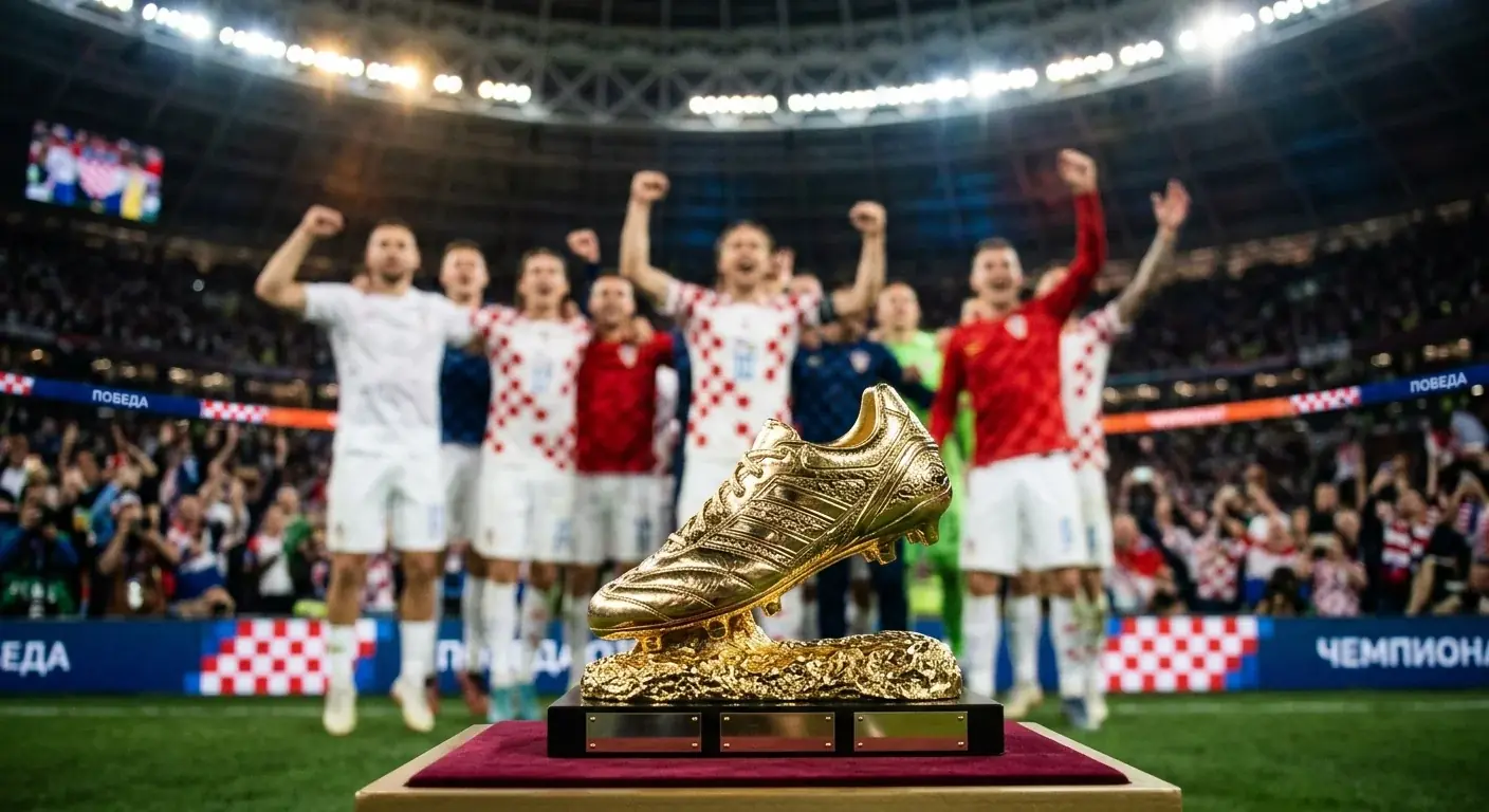 Dva nogometaša u usporednom kadru — jedan u argentinskom bijelo-svijetloplavom, drugi u francuskom plavom, s trofejem Zlatne kopačke u pozadini